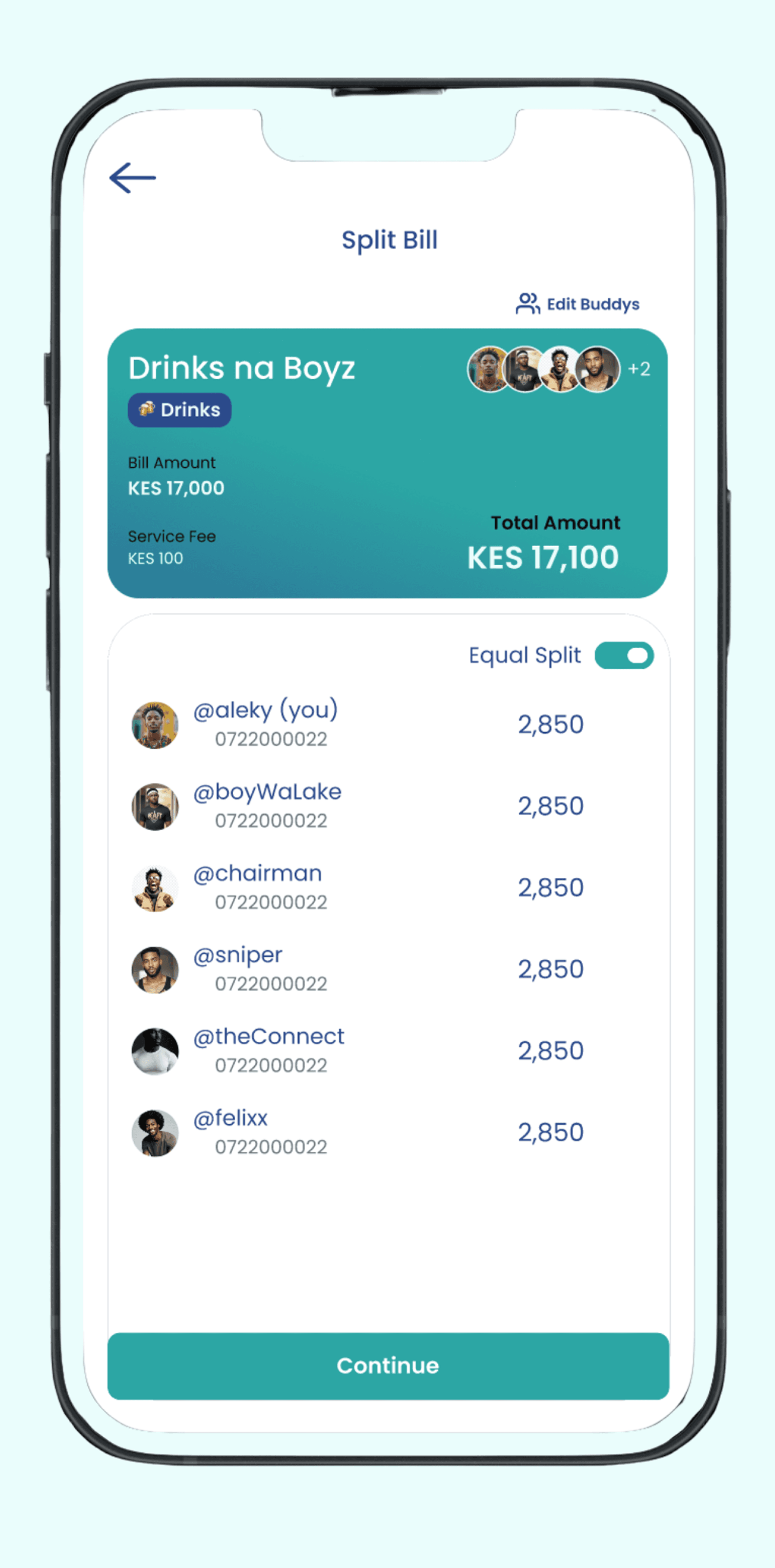 BillBuddys Choose Split Method Screen
